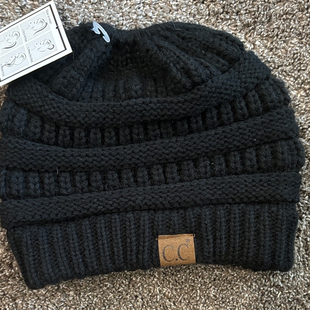C.C Black Ribbed Messy Bun Knit Beanie